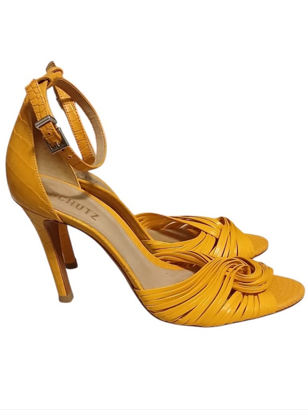 Schutz | Mary Gold Leather Croc Embossed Strappy Peeptoe Heeled Sandals Size 10 - Picture 7 of 13